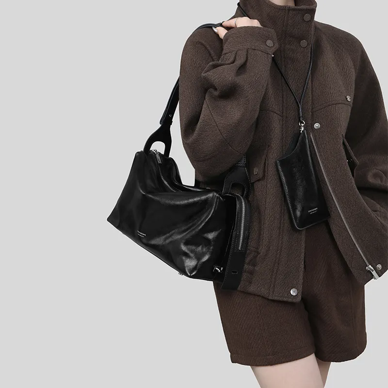 Tanita West Cow Leather Tote Bag Shoulder Bag Medium Size Women's Black-1