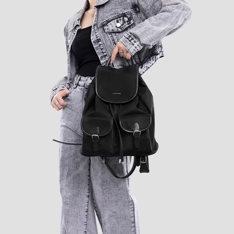 Tanita West Nylon Fabric With Cow Leather Backpack Tubas Women's Black-5