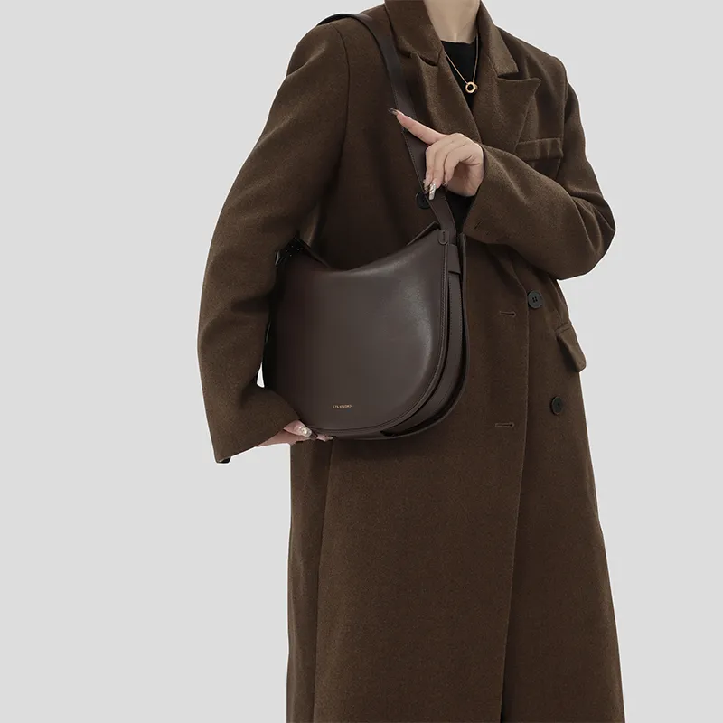 Tanita West Cow Leather Saddle Bag, Shoulder Bag Medium Size Women's Coffee/Black-4