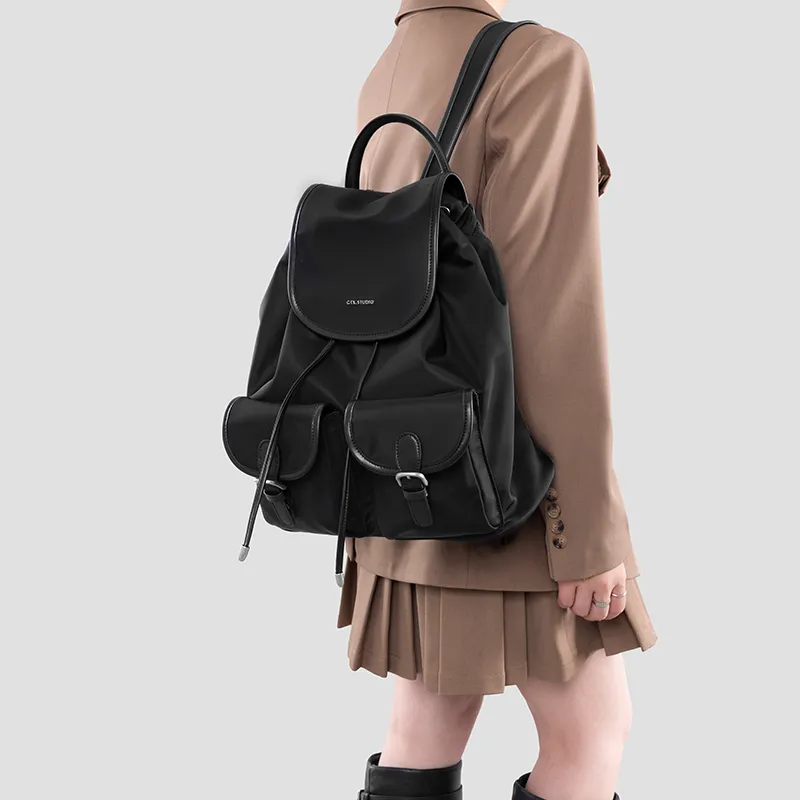 Tanita West Nylon Fabric With Cow Leather Backpack Tubas Women's Black-7