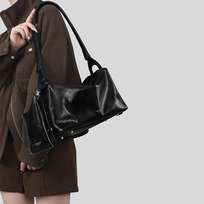 Tanita West Cow Leather Tote Bag Shoulder Bag Medium Size Women's Black-6