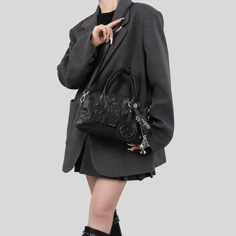 Tanita West Cow Leather Boston Bag, One Shoulder Handbag Medium Size Women's Black/White-6