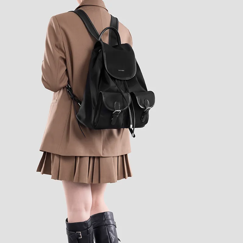 Tanita West Nylon Fabric With Cow Leather Backpack Tubas Women's Black-1