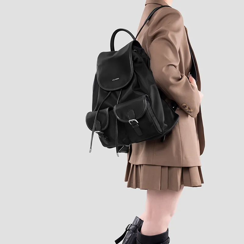 Tanita West Nylon Fabric With Cow Leather Backpack Tubas Women's Black-2
