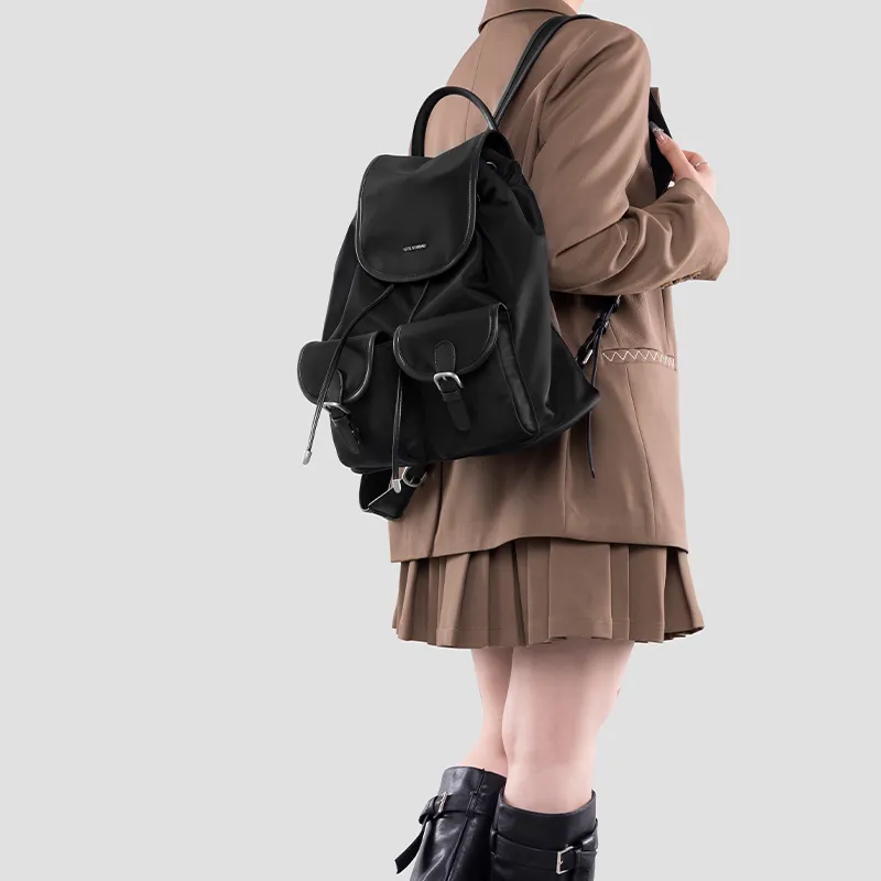 Tanita West Nylon Fabric With Cow Leather Backpack Tubas Women's Black-3