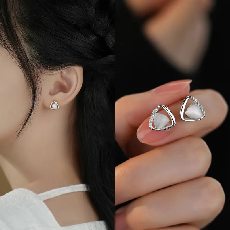 Yiru S925 Silver Artificial Glass Cat Eye Stud Earrings Jewelry Accessories Women's-1