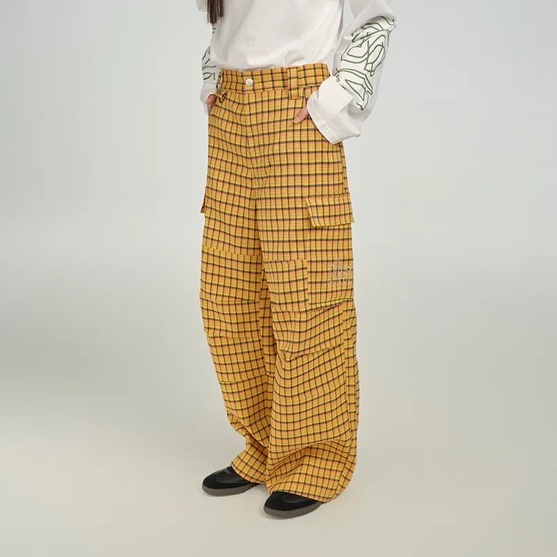 DANGEROUSPEOPLE Cargo Pants Women's Yellow Plaid Background-3