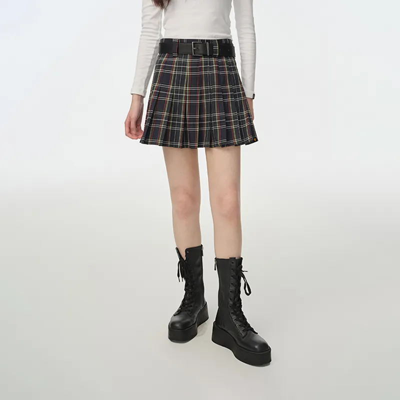 DANGEROUSPEOPLE Casual Short Skirts Women's Black Plaid-3