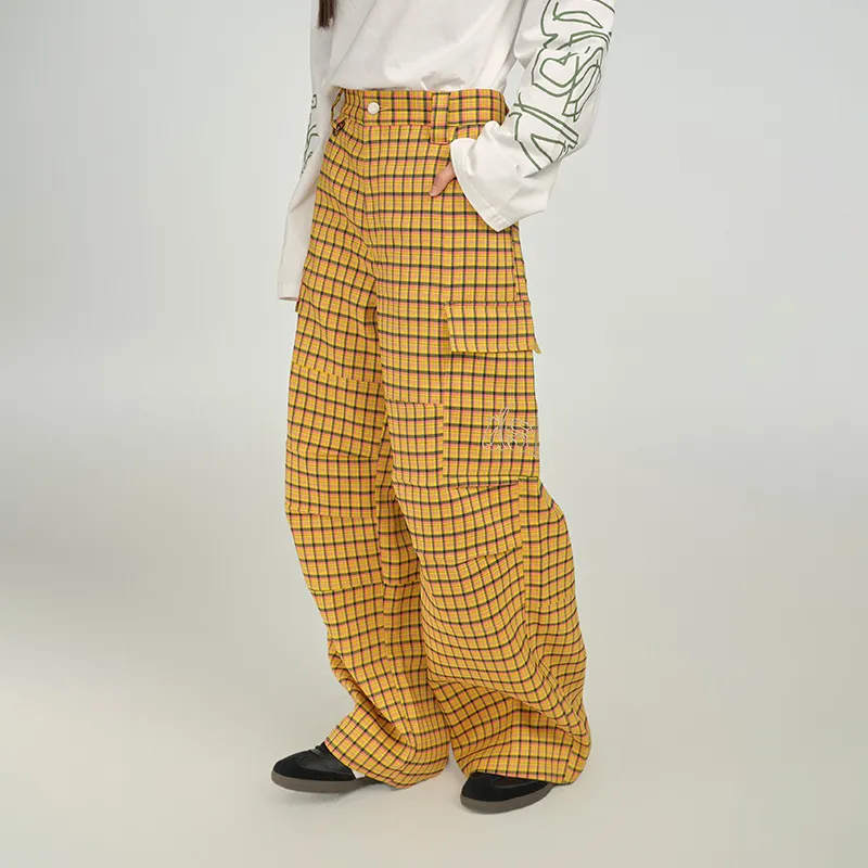DANGEROUSPEOPLE Cargo Pants Women's Yellow Plaid Background-2