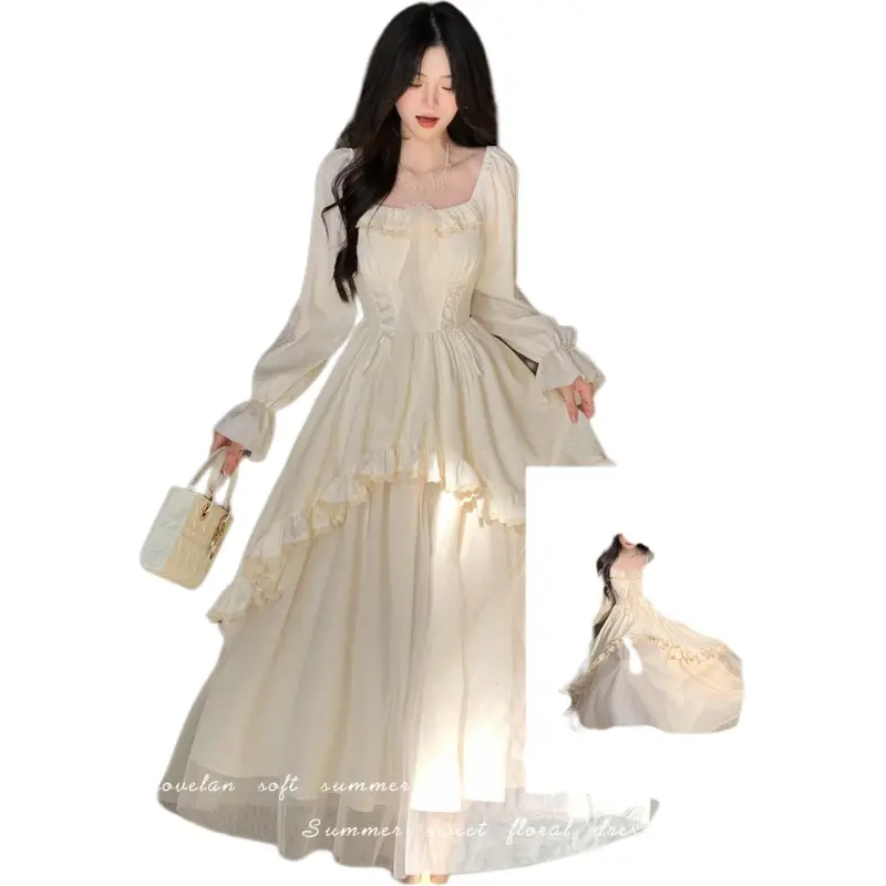 GUOZHEN Long Sleeved Dress Women's Apricot-3