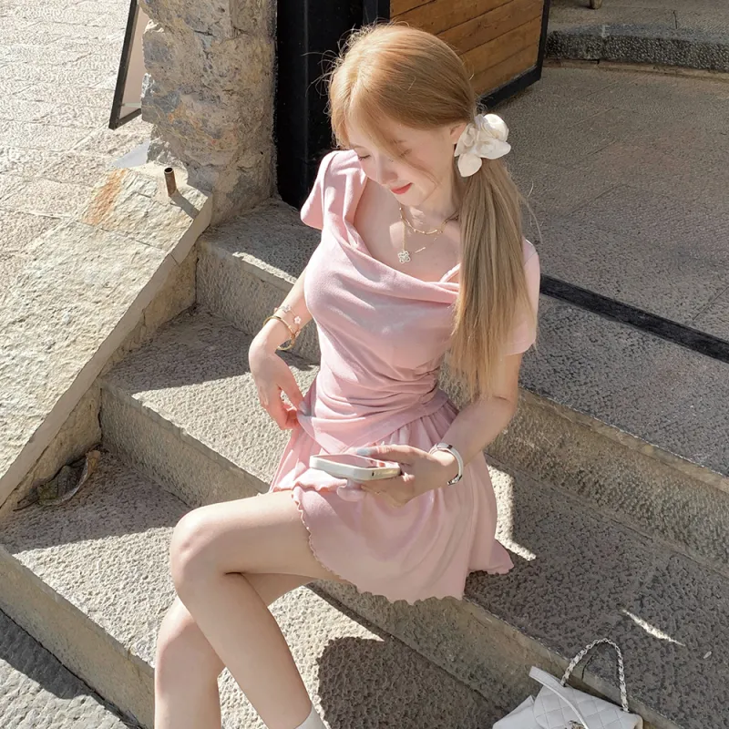 GUOZHEN Two Piece Skirt Sets Women's Ballet Pink Top+Skirt-4
