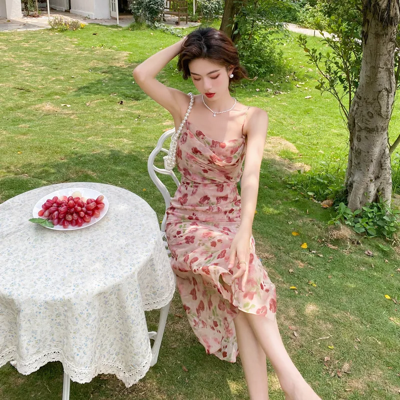 GUOZHEN Slip Dresses Women's Pink Floral-3