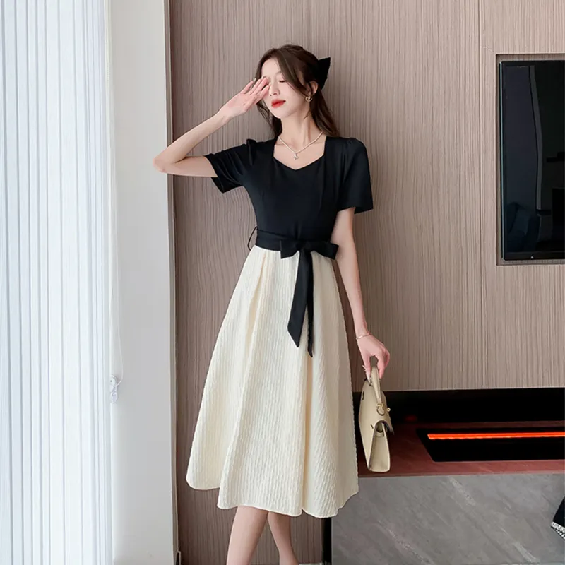 GUOZHEN Short Sleeved Dress Women's Black White-4