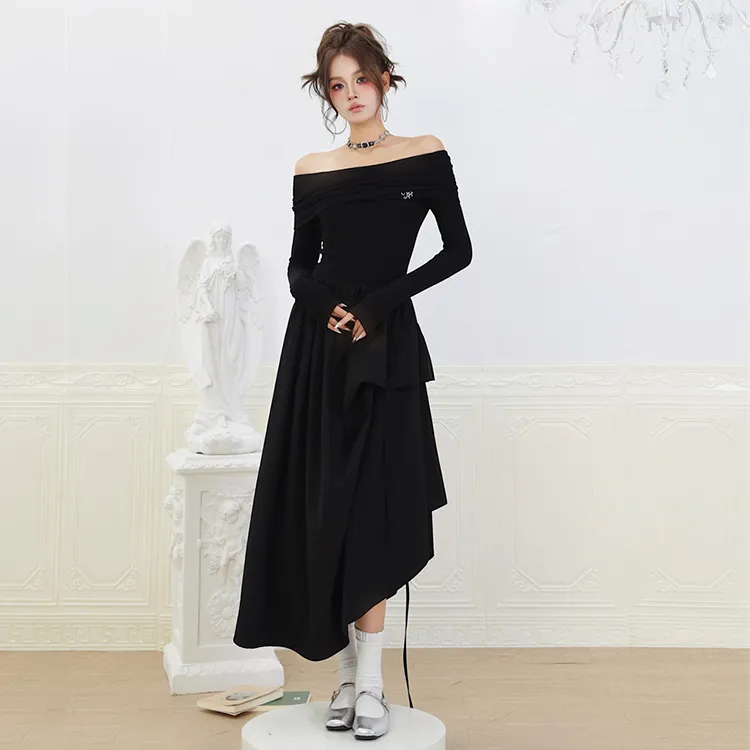 GUOZHEN Long Sleeved Dress Women's Black-3
