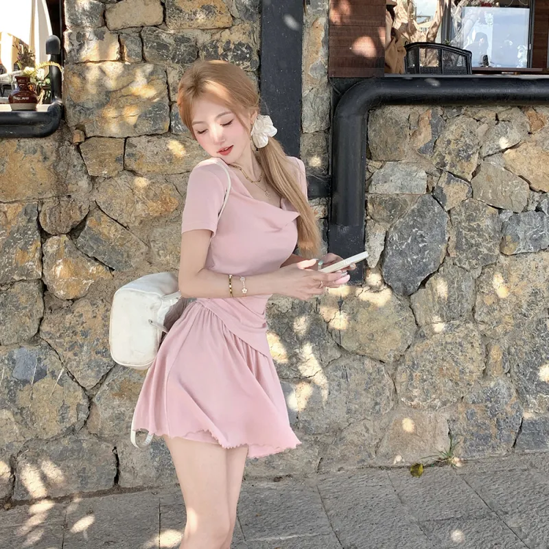 GUOZHEN Two Piece Skirt Sets Women's Ballet Pink Top+Skirt-2