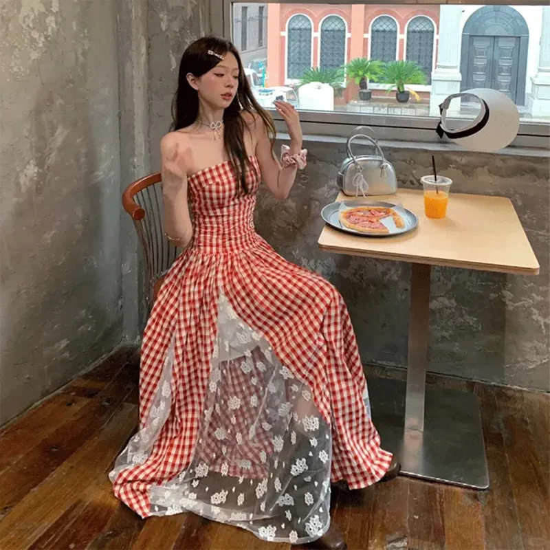 GUOZHEN Slip Dresses Women's Red Plaid-5