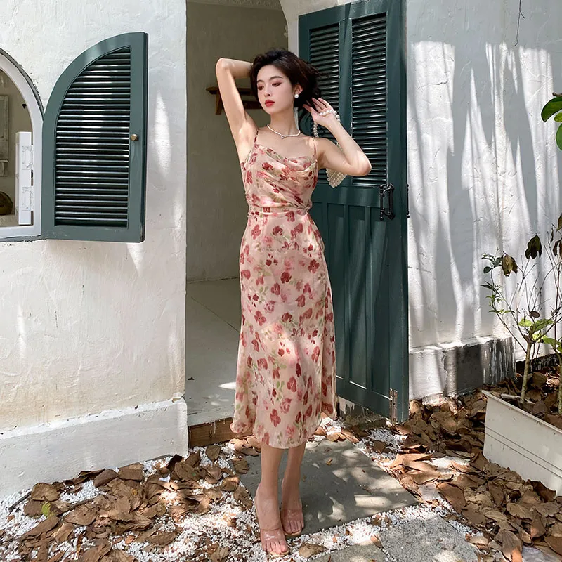 GUOZHEN Slip Dresses Women's Pink Floral-5
