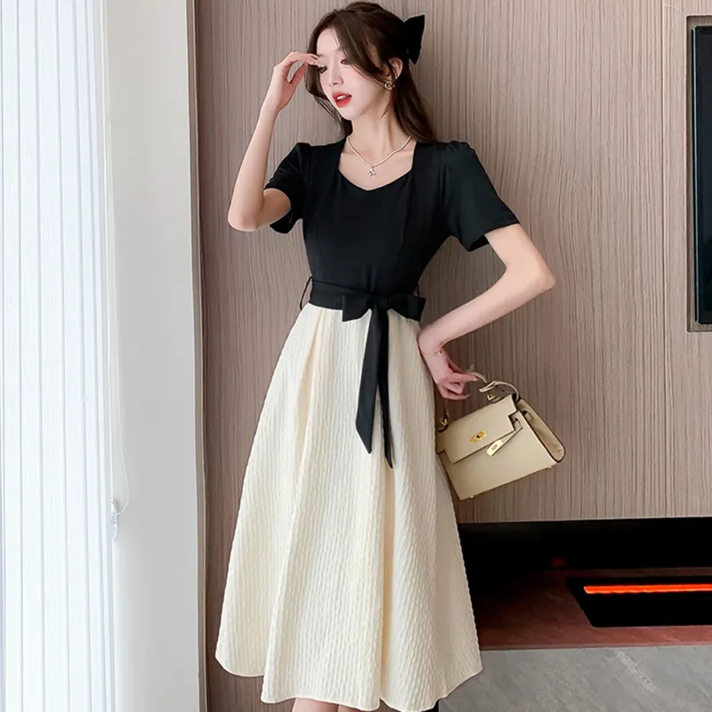 GUOZHEN Short Sleeved Dress Women's Black White-2