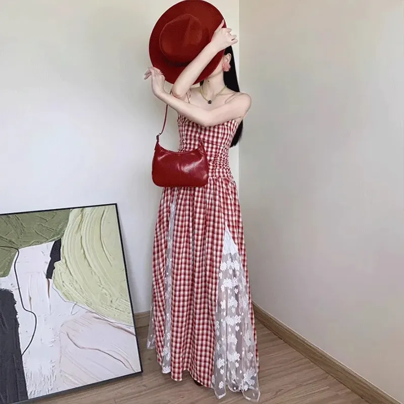 GUOZHEN Slip Dresses Women's Red Plaid-3