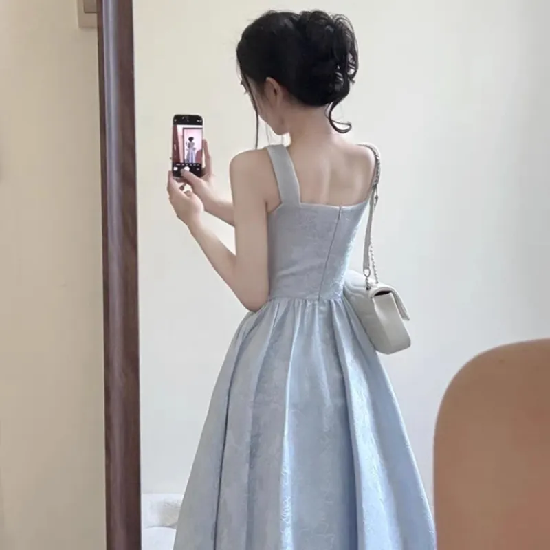 GUOZHEN Slip Dresses Women's Blue-5