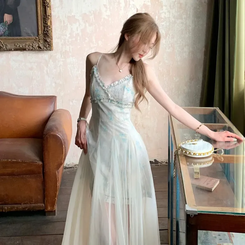 GUOZHEN Slip Dresses Women's Apricot Green-5