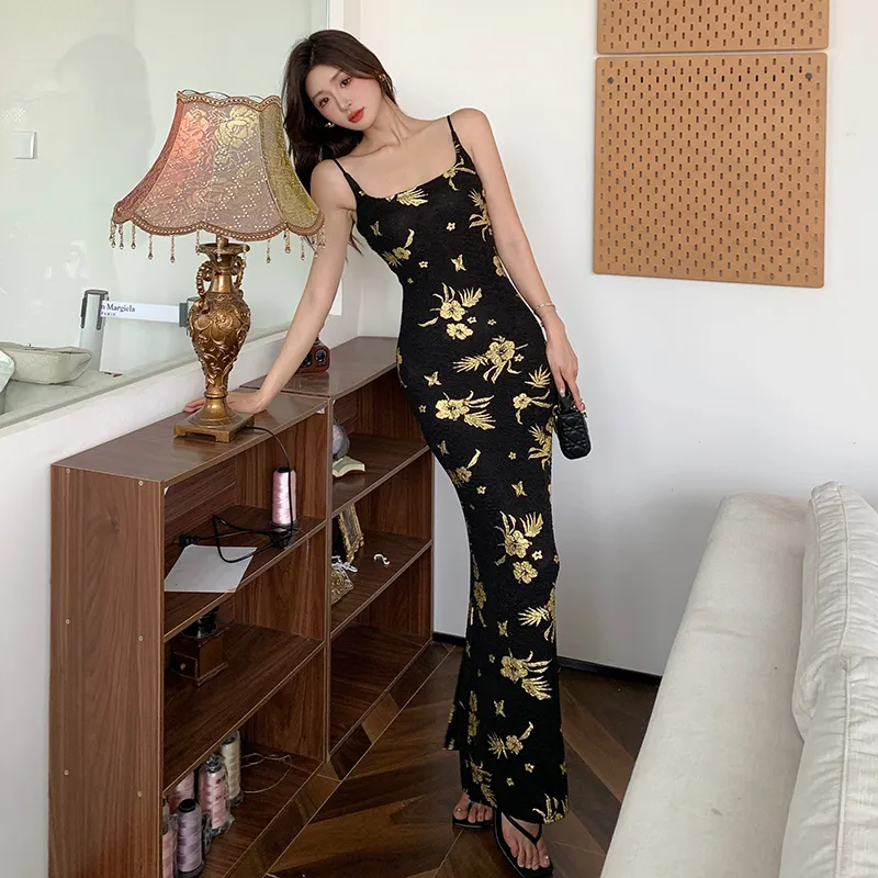 GUOZHEN Slip Dress Women's Black Gold-5