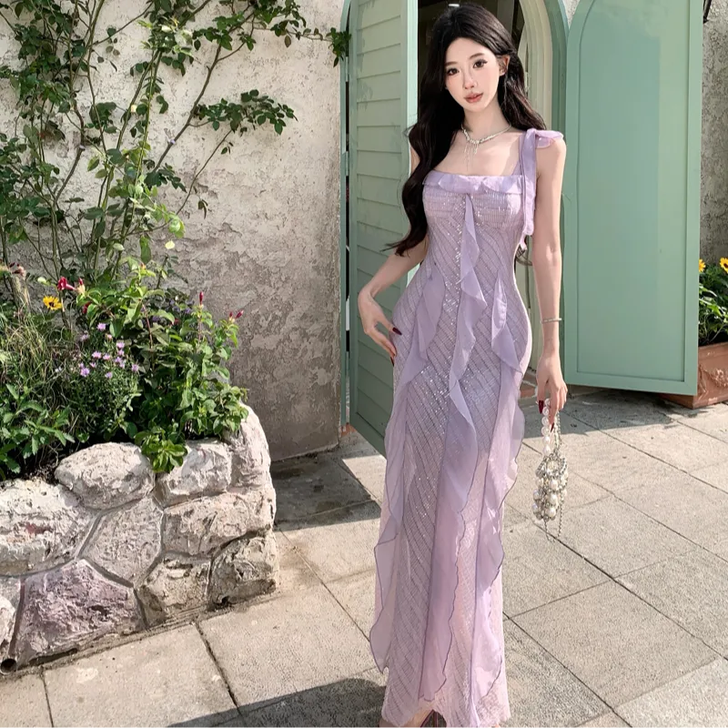 GUOZHEN Slip Dresses Women's Purple Bead-3