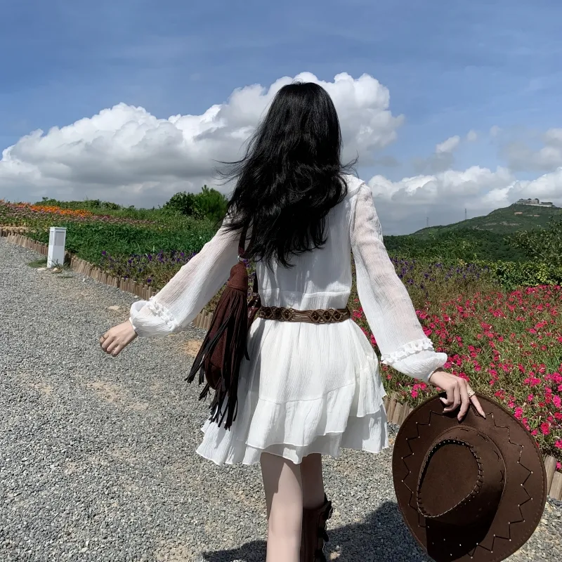 GUOZHEN Long Sleeved Dress Women's White-2