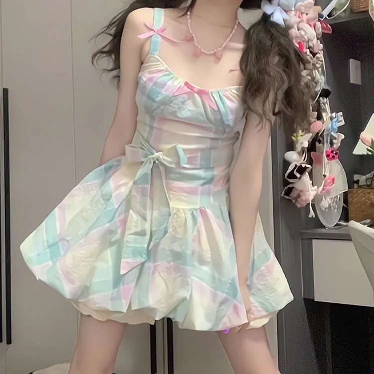 GUOZHEN Slip Dresses Women's Plaid Camisole Dress-2