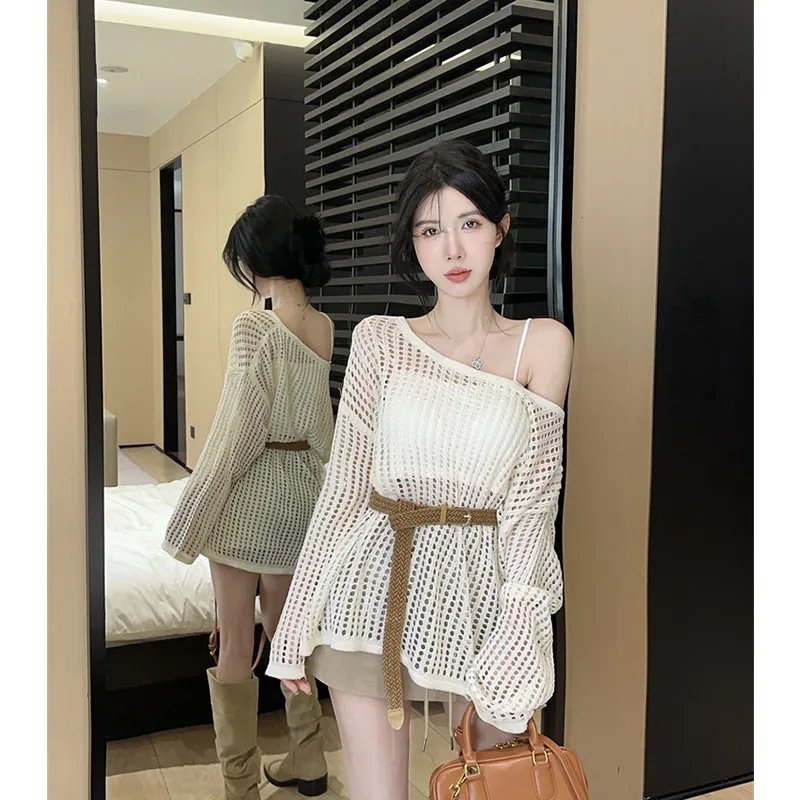 GUOZHEN Knitwear Women's Cover Up+Camisole With Belt-2