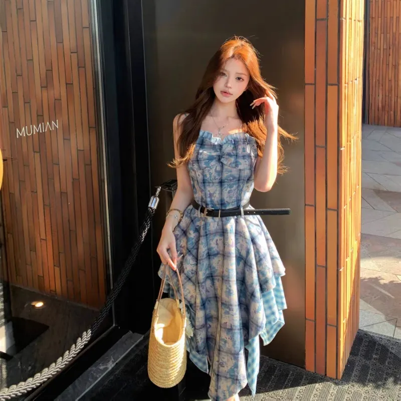 GUOZHEN Slip Dresses Women's Blue-5