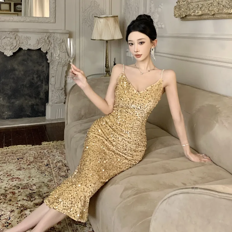 GUOZHEN Slip Dresses Women's Gold-4
