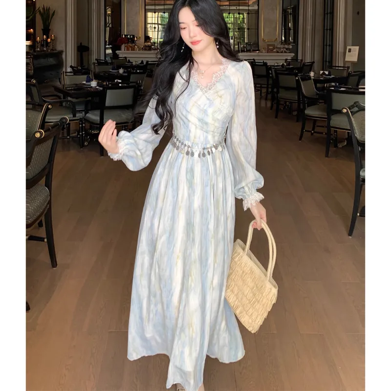 GUOZHEN Long Sleeved Dress Women's Water Wave Blue-4
