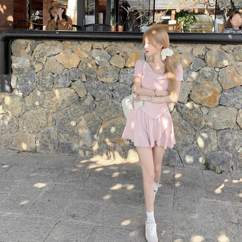 GUOZHEN Two Piece Skirt Sets Women's Ballet Pink Top+Skirt-6