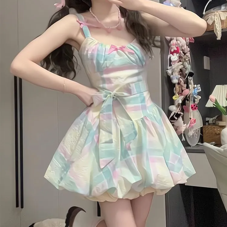 GUOZHEN Slip Dresses Women's Plaid Camisole Dress-1