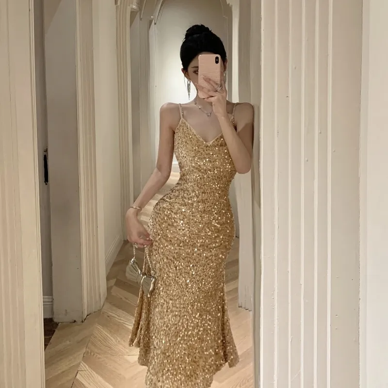 GUOZHEN Slip Dresses Women's Gold-5