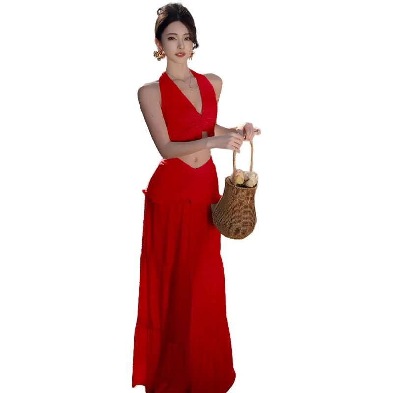 GUOZHEN Two Piece Skirt Sets Women's Red Two Piece Set-1