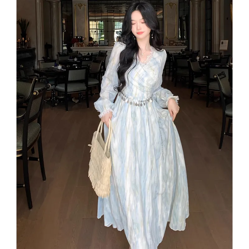 GUOZHEN Long Sleeved Dress Women's Water Wave Blue-2