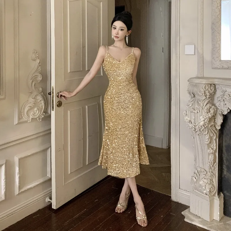 GUOZHEN Slip Dresses Women's Gold-2