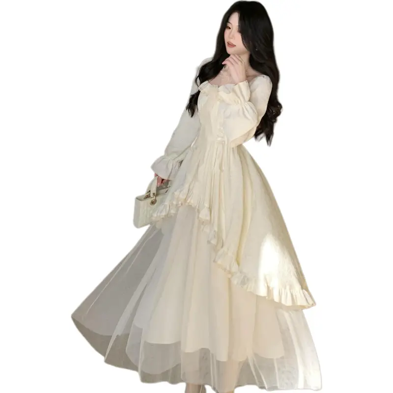 GUOZHEN Long Sleeved Dress Women's Apricot-4