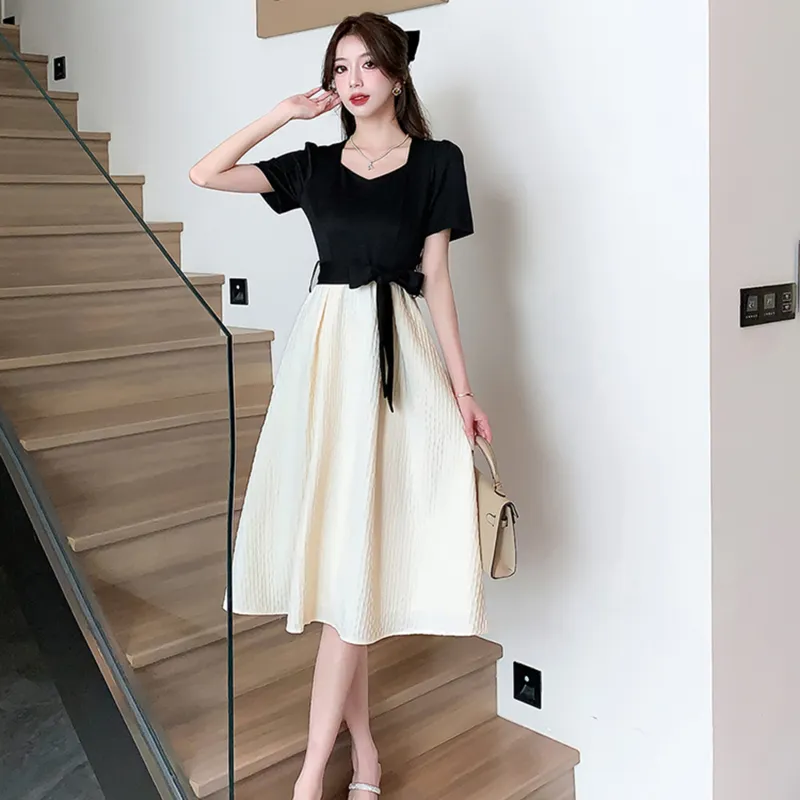 GUOZHEN Short Sleeved Dress Women's Black White-5