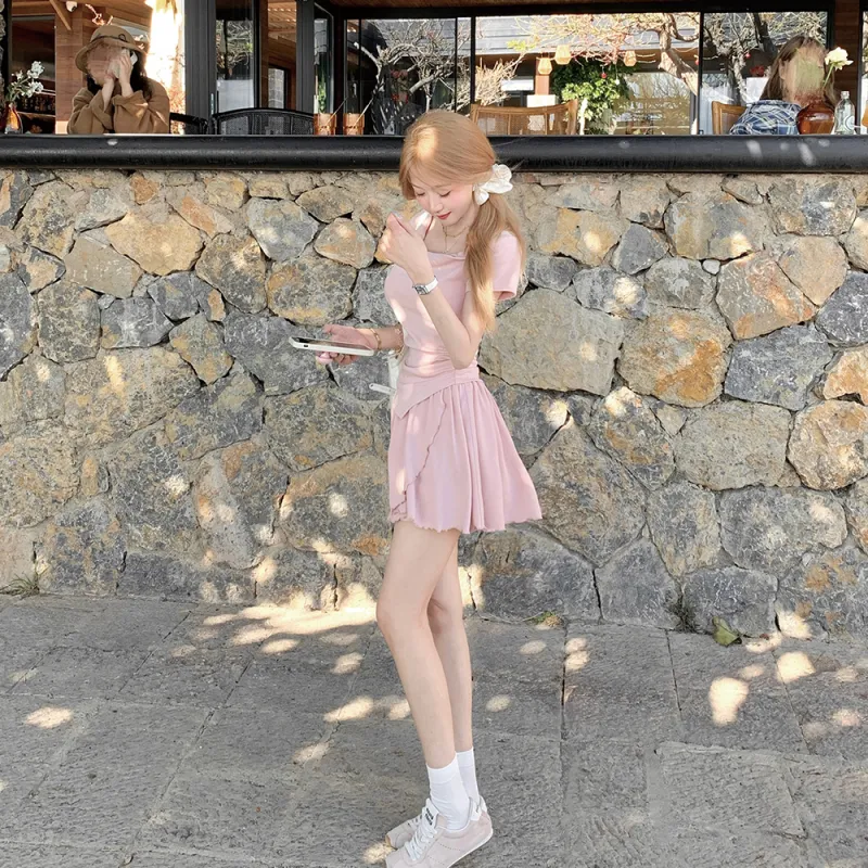 GUOZHEN Two Piece Skirt Sets Women's Ballet Pink Top+Skirt-5