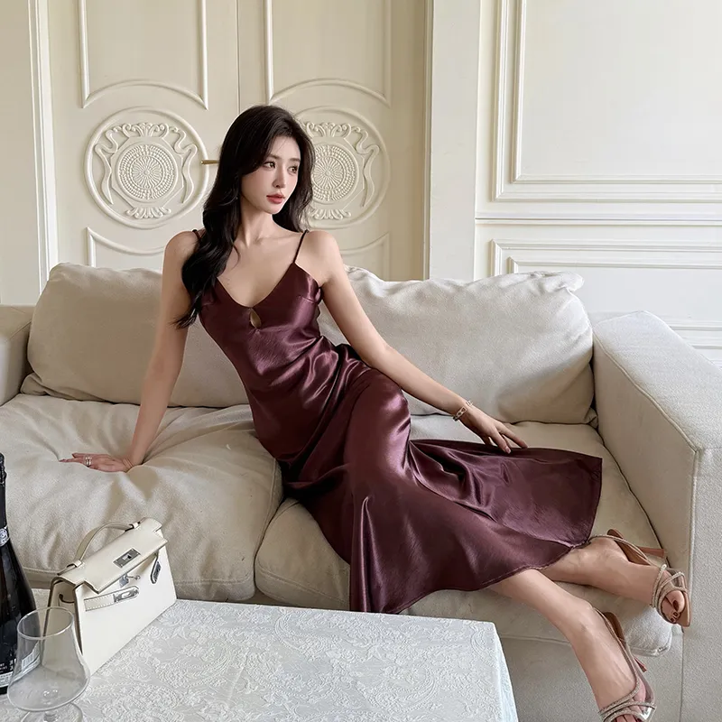 GUOZHEN Slip Dresses Women's Dark Red-4