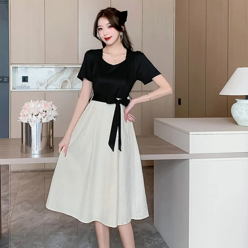 GUOZHEN Short Sleeved Dress Women's Black White-3