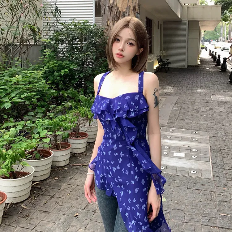 GUOZHEN Slip Dresses Women's Blue-6