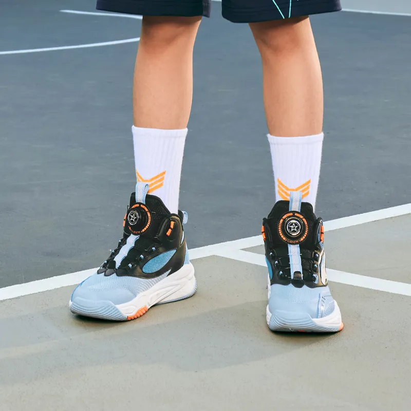 ERKE KIDS Zhige Slip Resistant Cushioning Abrasion Resistant Rebound Mid Top Basketball Shoes Blue Black Kids'-6
