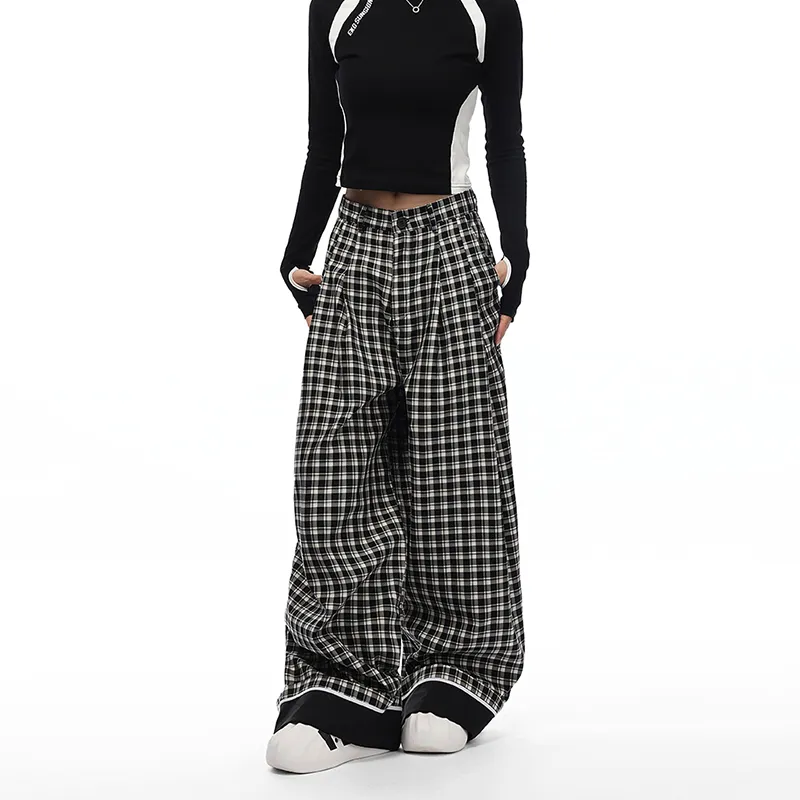 VINMUK Casual Pants Unisex Black White Plaid-5