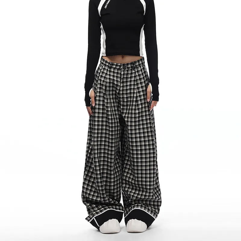 VINMUK Casual Pants Unisex Black White Plaid-6