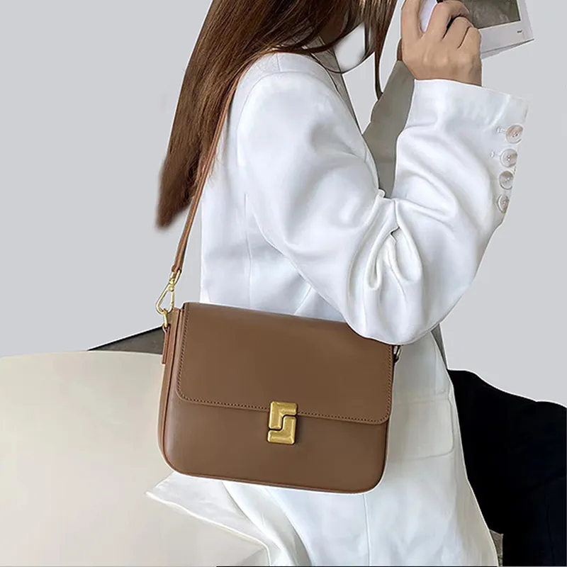 Yalu Cow Leather Shoulder Bag Crossbody Bag Women's Gold Brown/Milk Tea Beige/Black-2