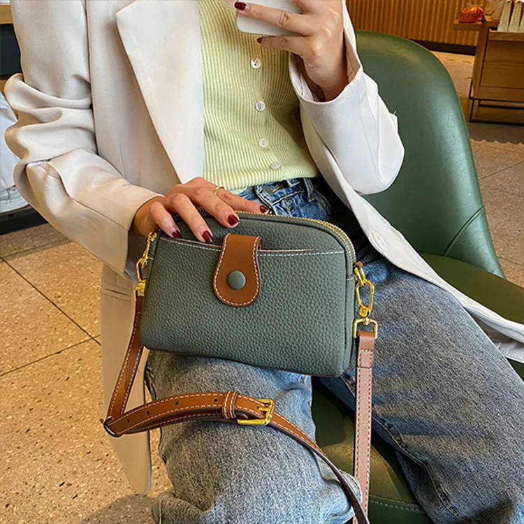 Yalu Top Grain Cow Leather Shoulder Bag, Crossbody Bag Women's Ecru/Black/Pearl Blue-8